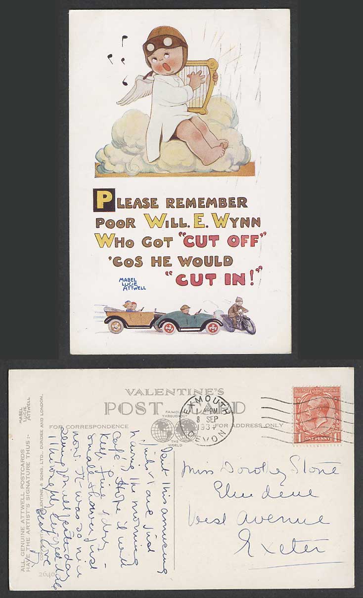 MABEL LUCIE ATTWELL 1934 Old Postcard Angel Sing Harp Motor Cars Motorcycle 2640
