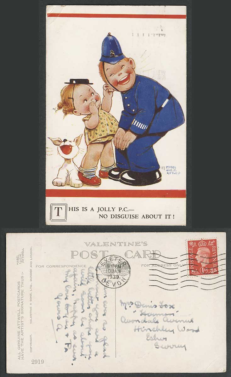 MABEL LUCIE ATTWELL 1939 Old Postcard Girl Police Dog, Jolly PC No Disguise 2919