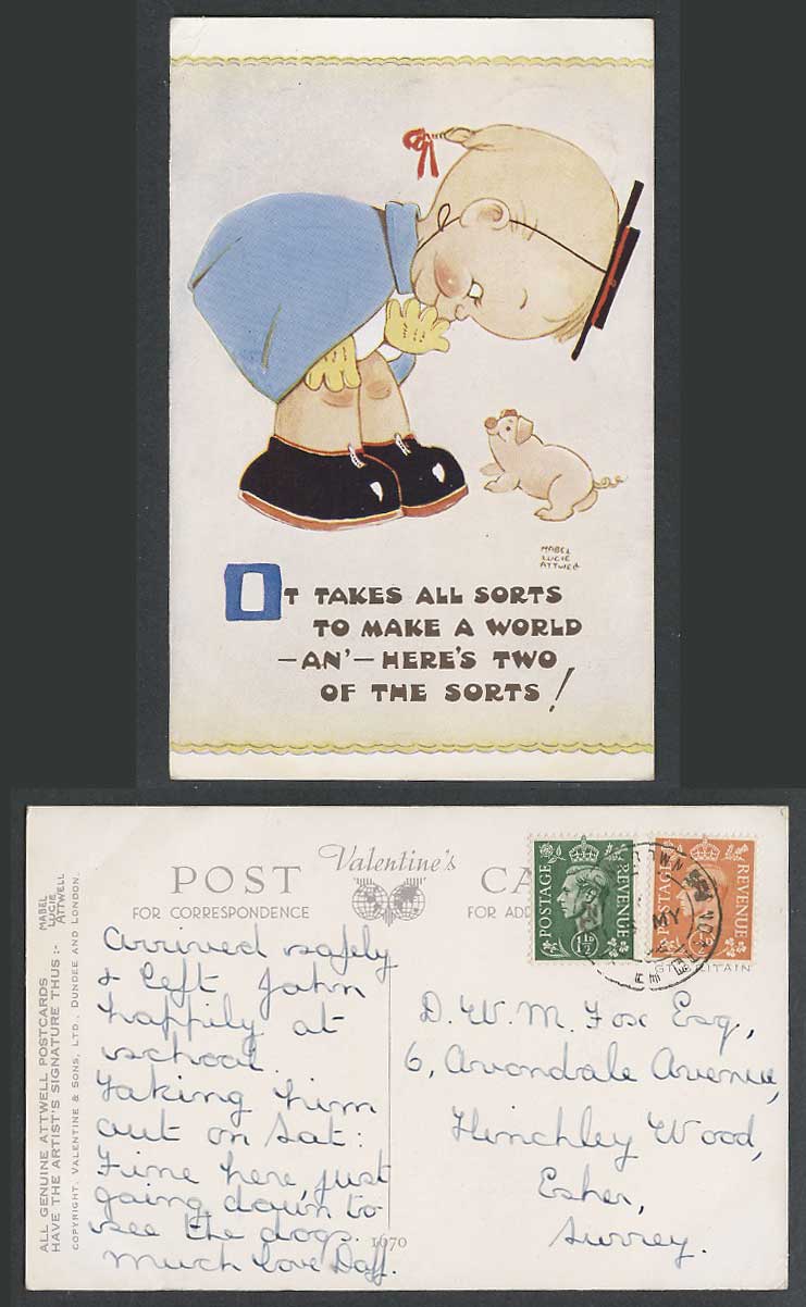 MABEL LUCIE ATTWELL 1952 Old Postcard Girl PIG Piglet Here's 2 of the Sorts 1670