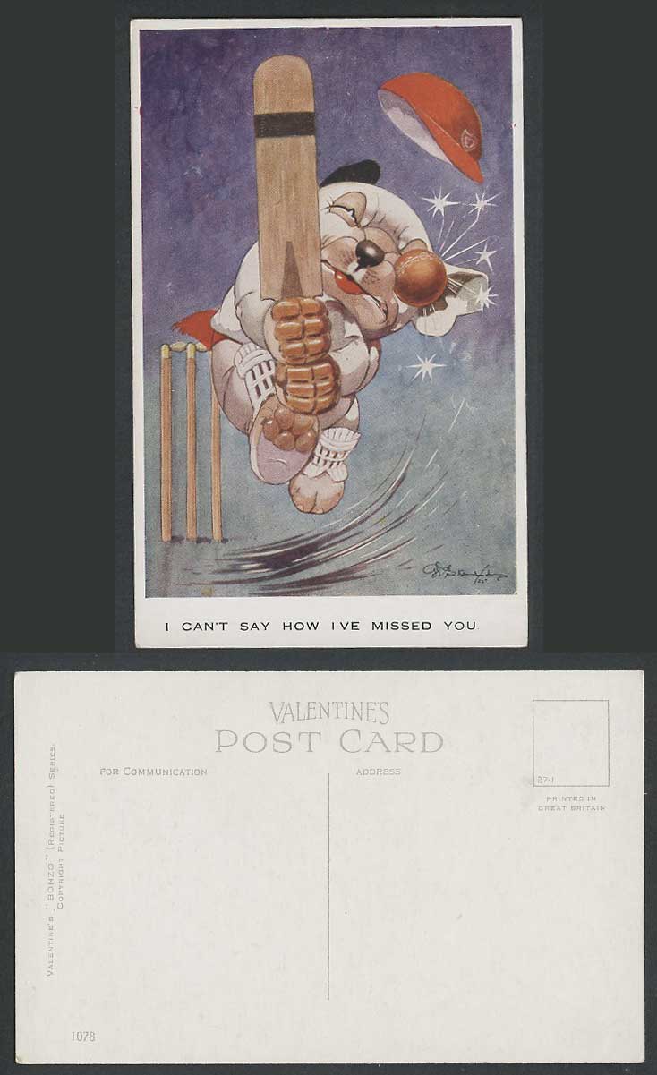 BONZO DOG GE Studdy Old Postcard Cricket Cricketer Sports How I've Missed U 1078