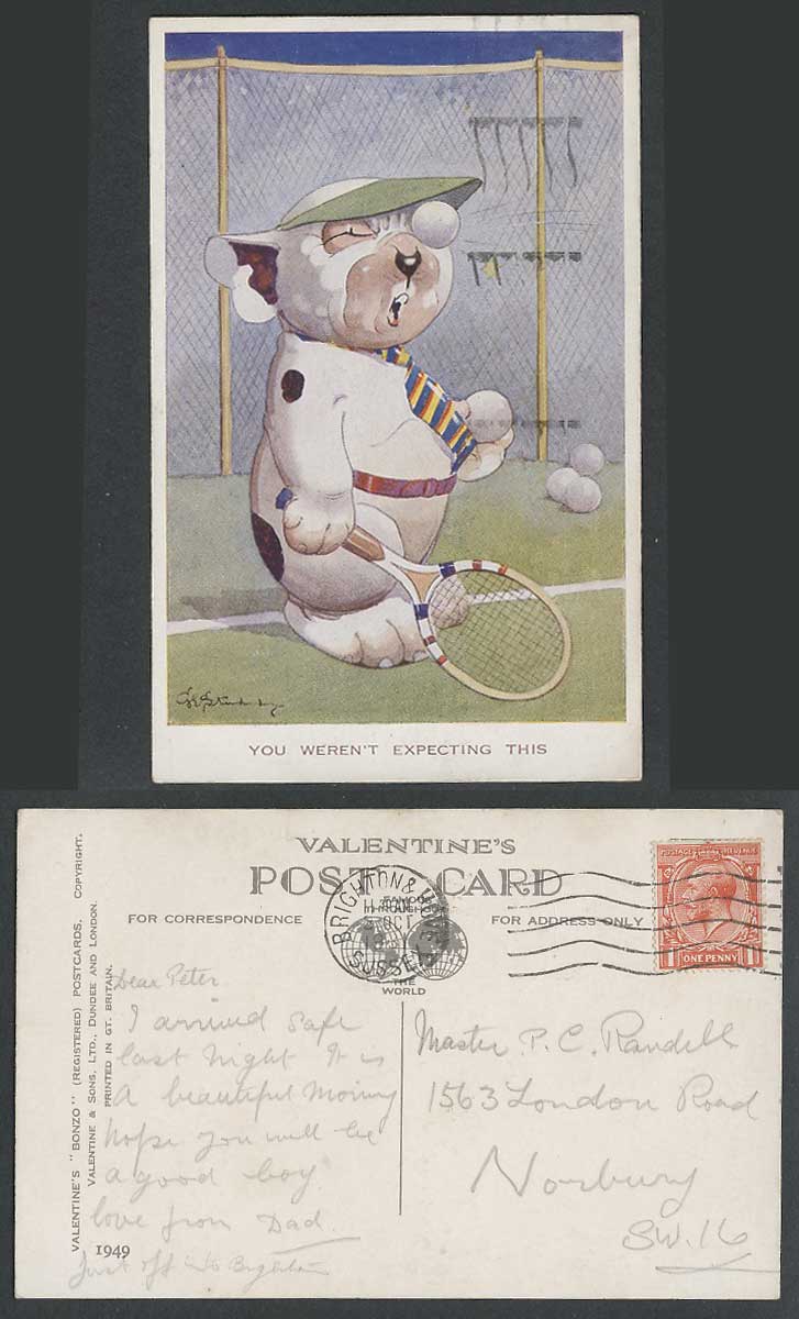 BONZO DOG GE Studdy 1931 Old Postcard U Weren't Expecting This. Tennis Ball 1949