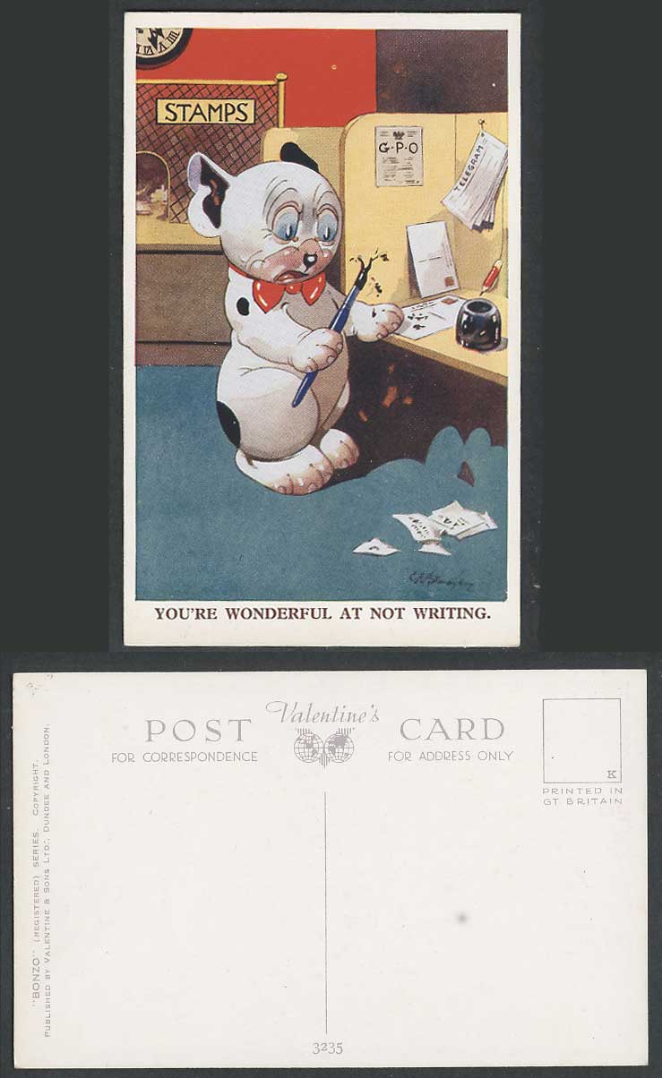 BONZO DOG GE Studdy Old Postcard You Are Wonderful Not Writing. Post Office 3235