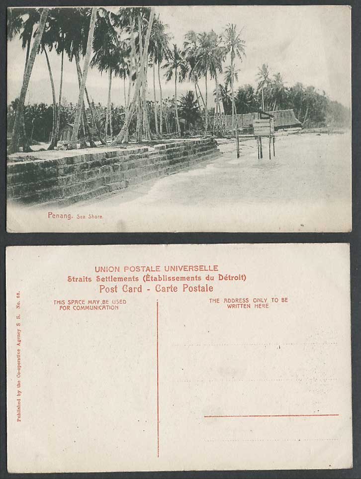 Penang Old Postcard Sea Shore Palm Trees Beach Seaside Coast Straits Settlements