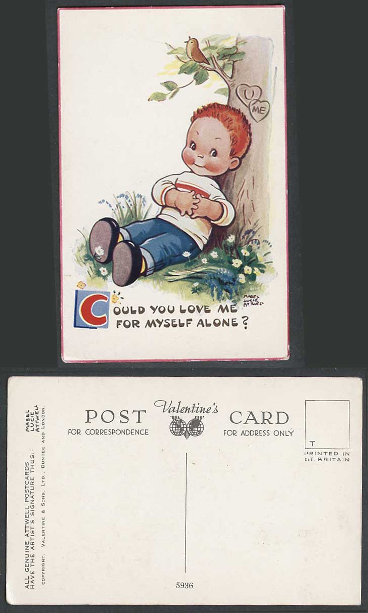 MABEL LUCIE ATTWELL Old Postcard Could U Love Me For Myself Alone Bird Heart 593