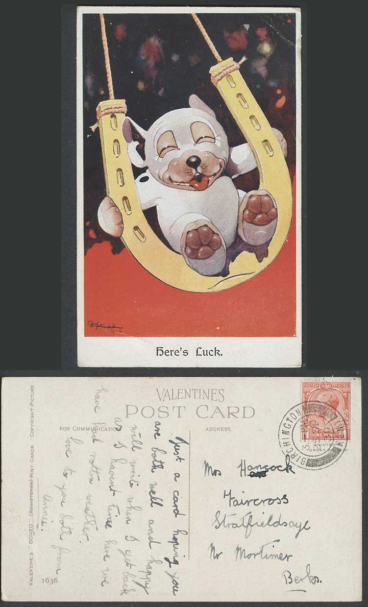 BONZO DOG GE Studdy 1930 Old Postcard Here's Luck. Puppy on Horseshoe Swing 1636