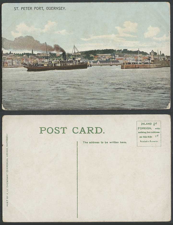 Guernsey Old Colour Postcard St Peter Port Lighthouse Steam Ship Steamer Harbour