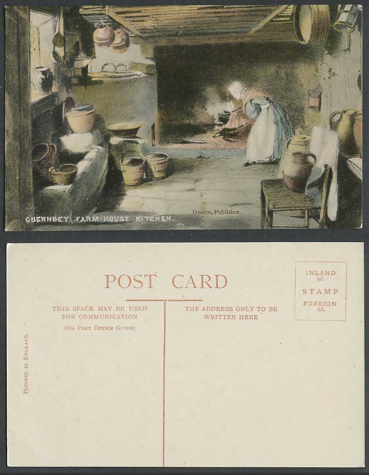 Guernsey Farm House Kitchen Old Colour Postcard Woman Cooking Pitcher Buckets