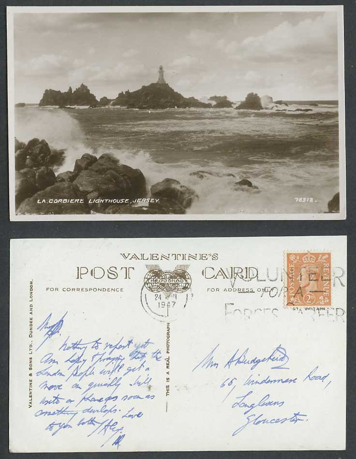 Jersey 1947 Old Real Photo Postcard La Corbiere Lighthouse, Rough Sea, Volunteer