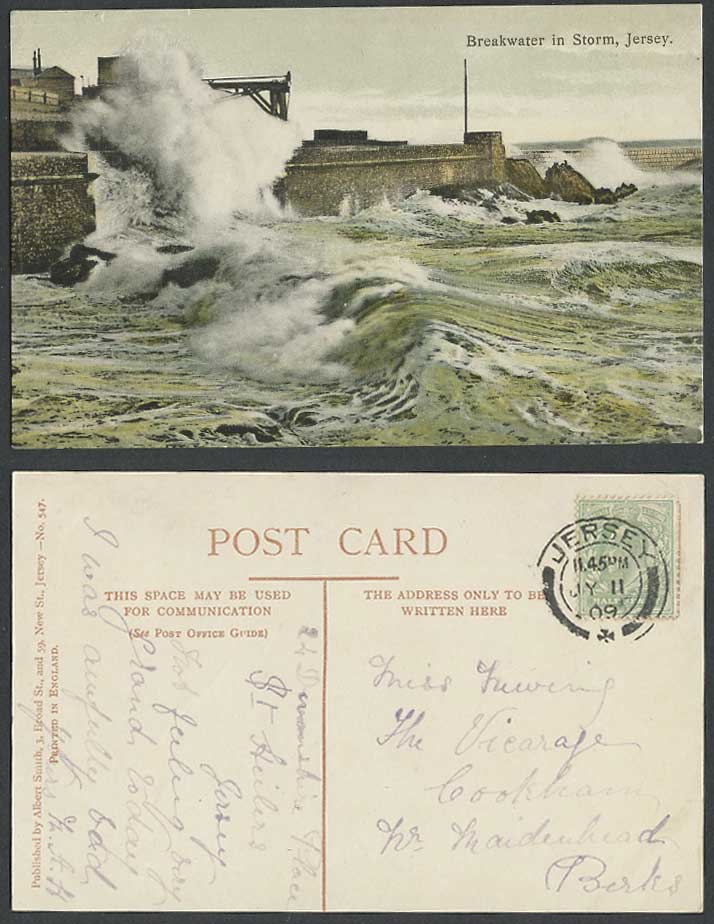 Jersey 1909 Old Colour Postcard Breakwater in Storm Rough Sea Waves Rocks Jetty