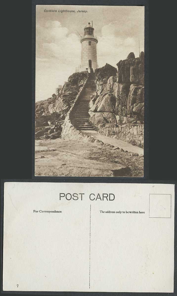 Jersey Old Postcard Corbiere Lighthouse on Rock Steps Rocks Channel Islands No.7