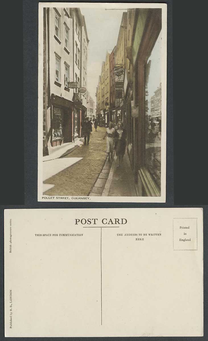 Guernsey Old Hand Tinted Postcard Pollet Street Scene, Shopfronts E. Stone Cigar