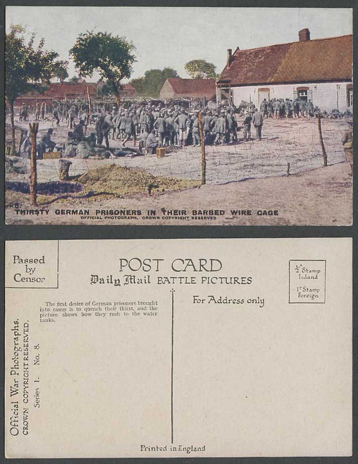 WW1 Old Postcard THIRSTY GERMAN P.O.W PRISONERS of WAR in Their BARBED WIRE CAGE