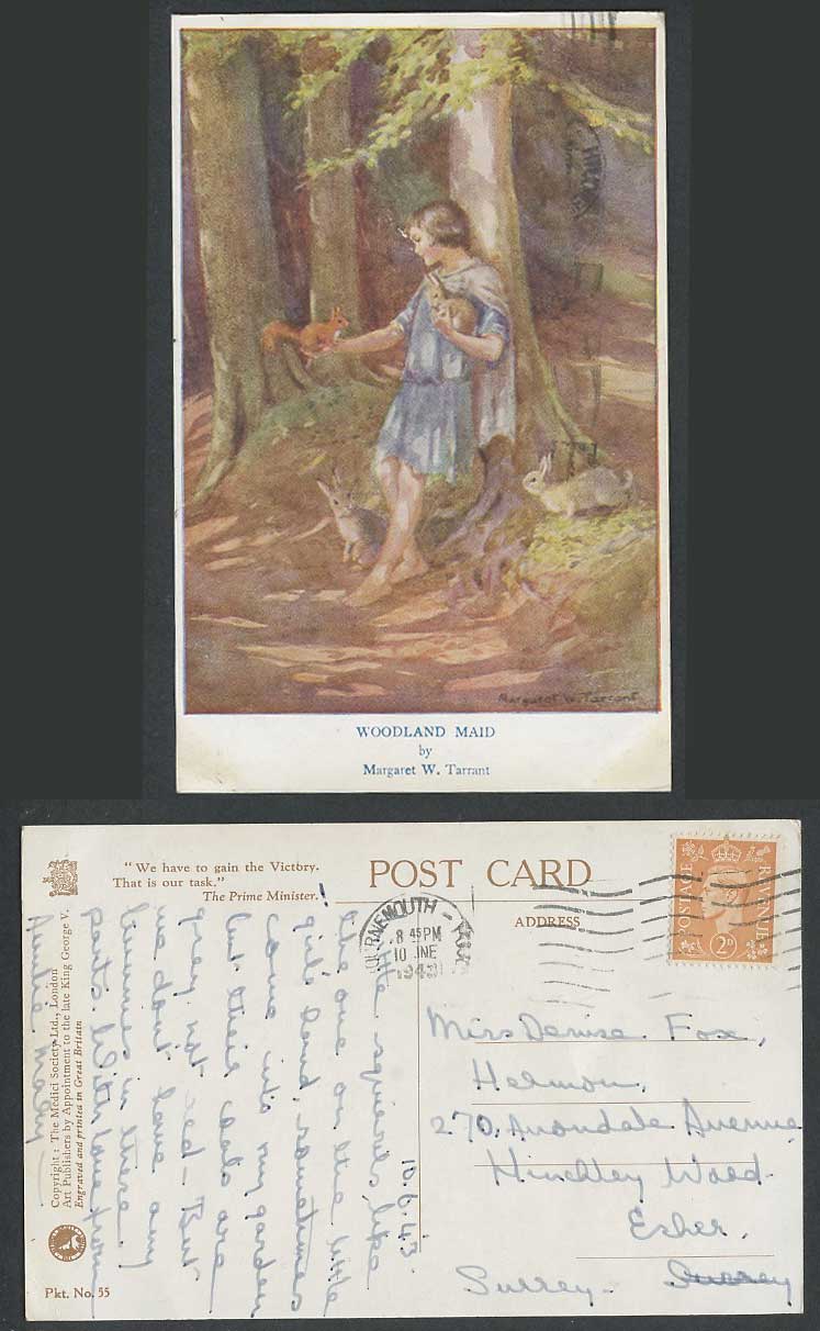 Margaret W. Tarrant WW2 1943 Old Postcard Woodland Maid Squirrel Rabbits Bunnies