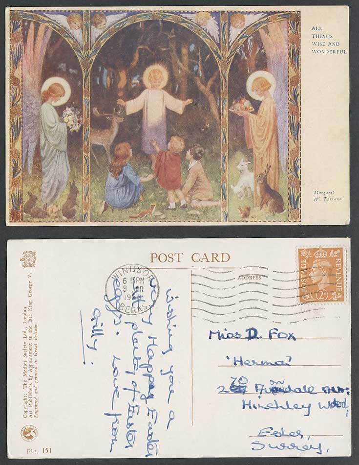 Margaret W Tarrant 1950 Old Postcard Jesus All Things Wise and Wonderful Animals