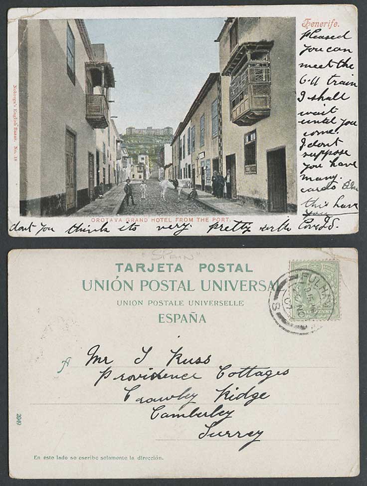 Spain 1907 Old UB Postcard Orotava Grand Hotel from The Port, Horse Street Scene