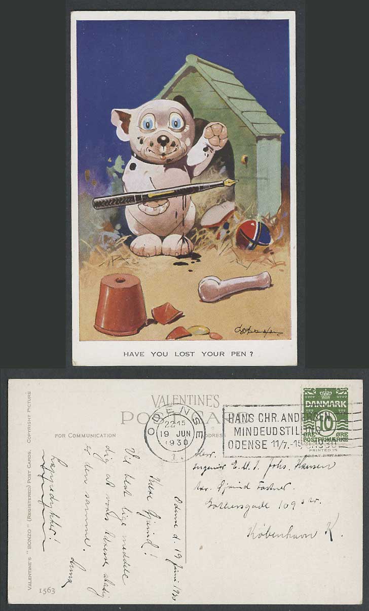 BONZO DOG GE Studdy 1930 Old Postcard Have You Lost Your Pen? Bone Doghouse 1563