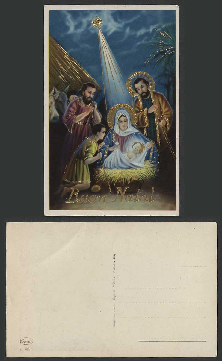 Buon Natale Merry Christmas, Baby Jesus, Virgin Mary Shepherds Star Old Postcard