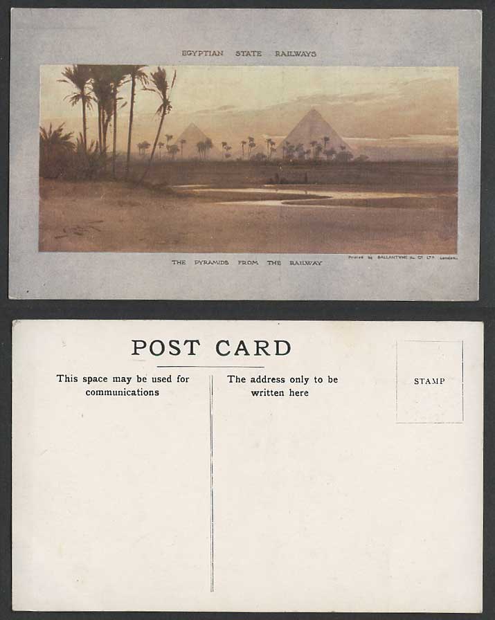 Egypt Old ART Postcard Pyramids from Railway Egyptian State Railways, Palm Trees