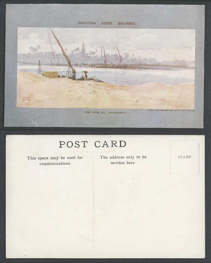 Egypt Old ART Postcard The Nile at Mansourah River Scene Egyptian State Railways