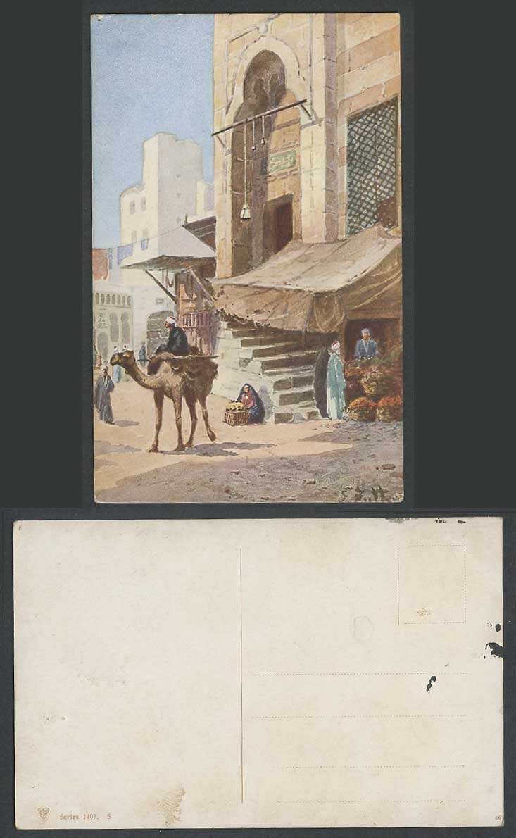 Egypt L. Zullo Artist Signed Old Postcard Camel Rider Roadside Sellers by Mosque