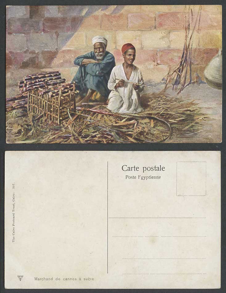 Egypt Old Postcard Sugar Cane Sugarcane Seller Vendor Merchant Man and Young Boy