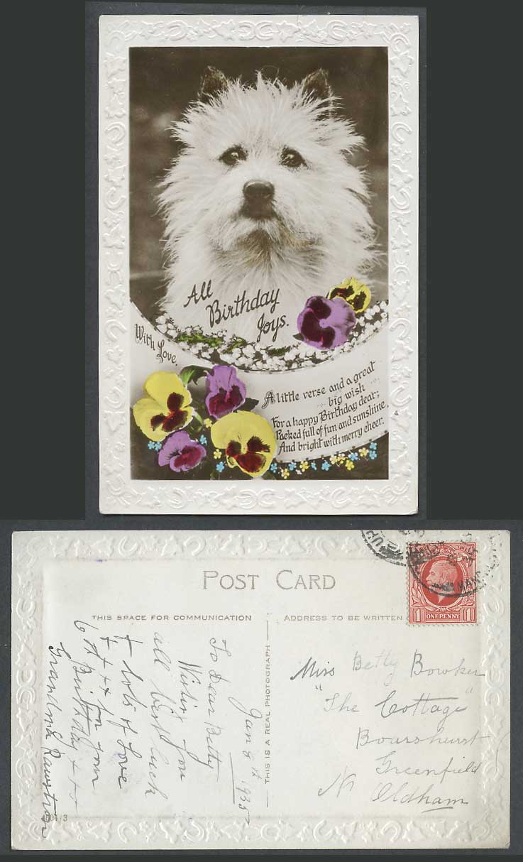Dog Puppy Pet Animal Pansy Flowers All Birthday Joys with Love 1935 Old Postcard