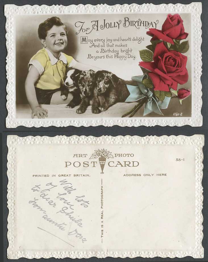 Little Boy Children Dogs Puppies Roses Flowers For a Jolly Birthday Old Postcard