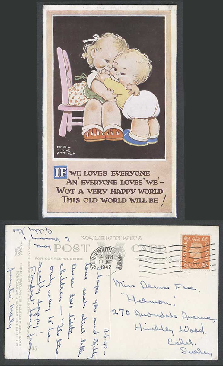 MABEL LUCIE ATTWELL 1942 Old Postcard Boy Girl Happy World, We Love Everyone 565