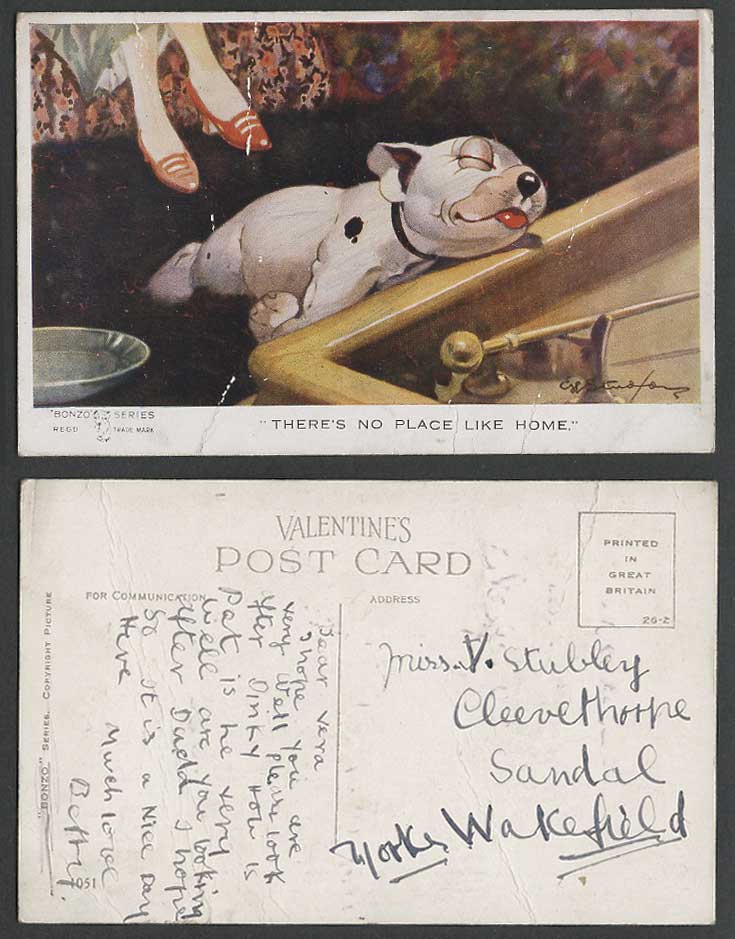 BONZO DOG GE Studdy Old Postcard There's No Place Like Home. Billiard Puppy 1051