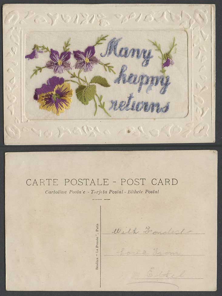 WW1 SILK Embroidered Old Postcard Many Happy Returns, Pansy Flowers, La Pensee