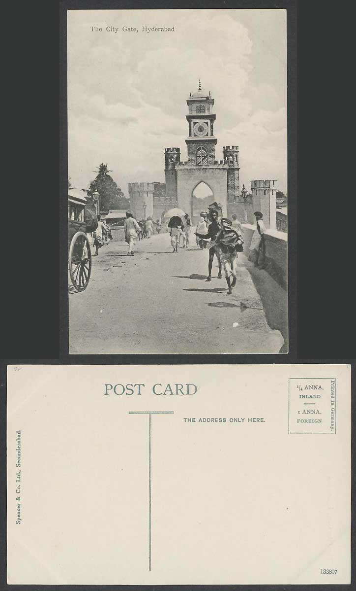 India Old Postcard City Gate Hyderabad, Street Scene Tower Native Men & Umbrella