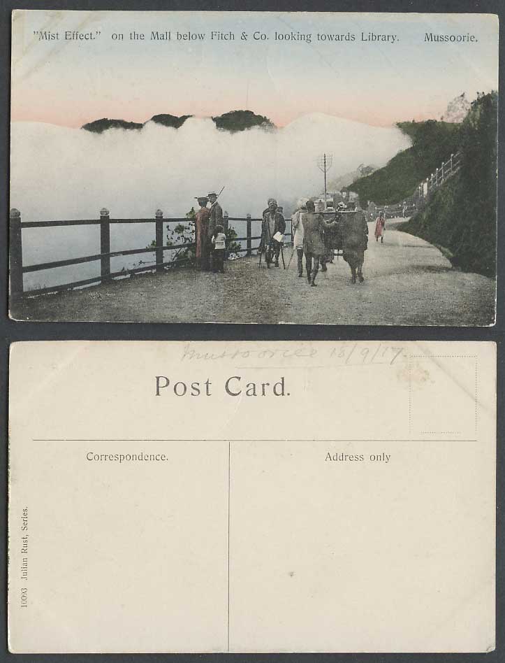 India 1917 Old Postcard Mussoorie Mist Effect Mall Below Fitch & Co near Library