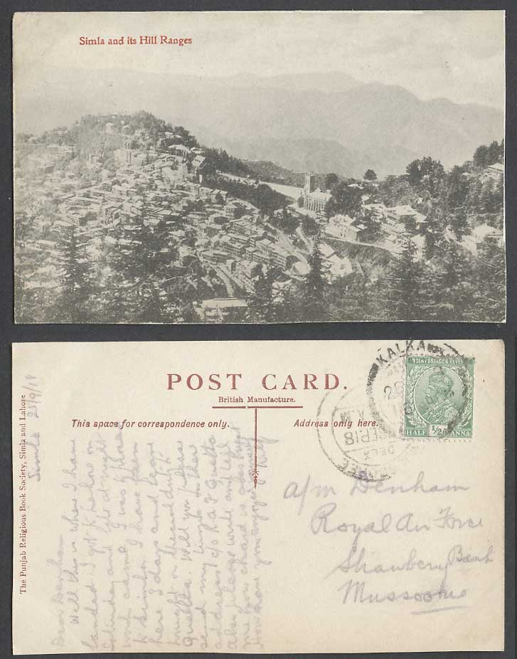 India Kalka to Mussoorie KG5 1/2d 1918 Old Postcard Simla and its Hill Ranges Mt