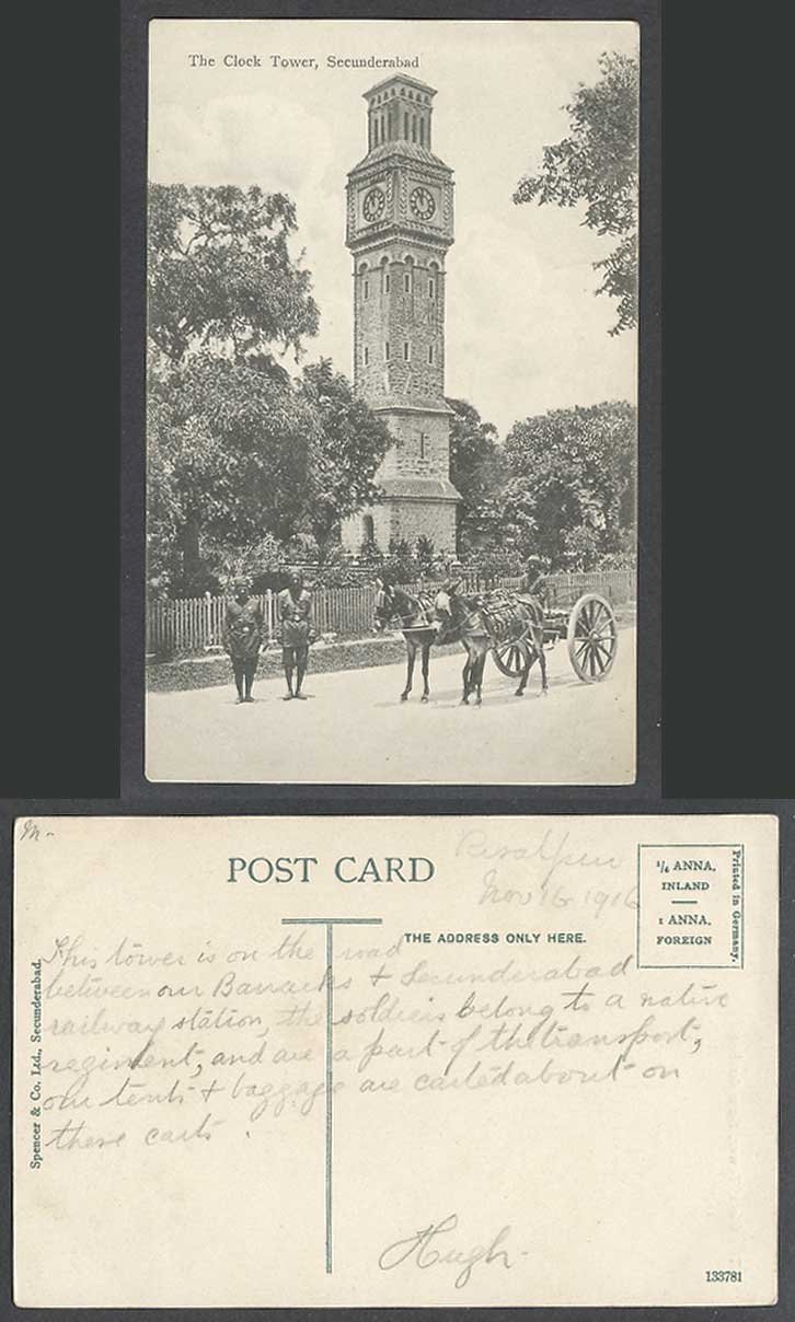 India 1916 Old Postcard Clock Tower Secunderabad Indian Police Horses Drawn Cart