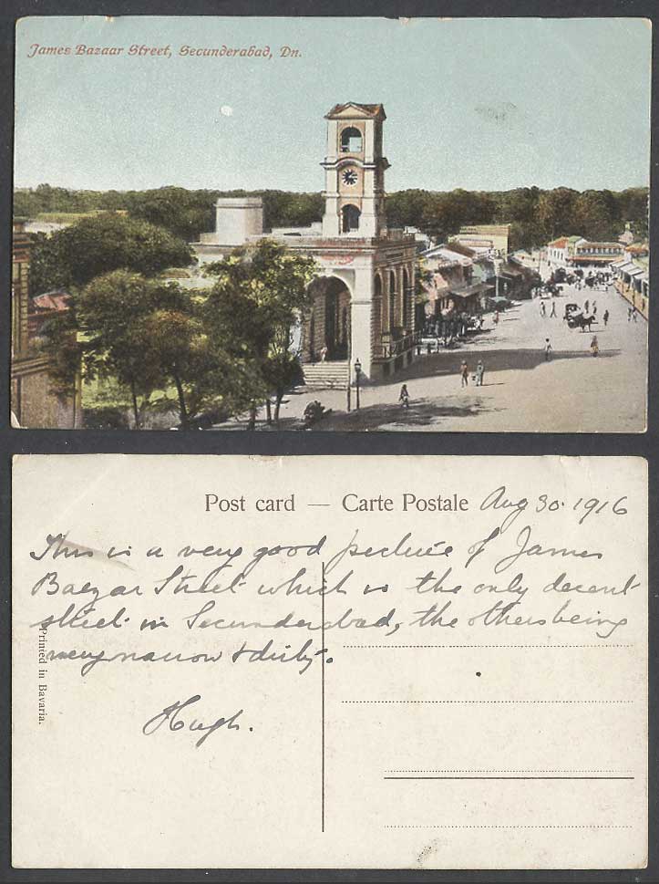 India 1916 Old Colour Postcard James Bazaar Street, Secunderabad Dn. Clock Tower