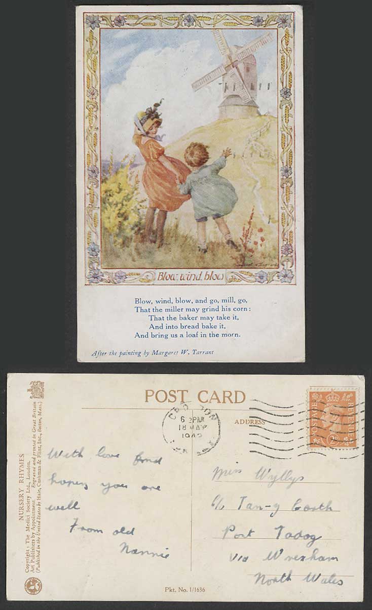 Margaret W. Tarrant 1943 Old Postcard Wind Blow WINDMILL Nursery Rhymes Children