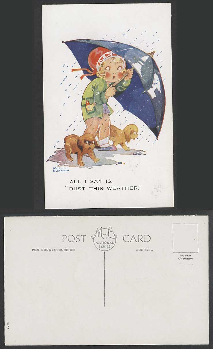 Agnes Richardson Old Postcard All I Say is Bust This Weather, Rain, Dogs Puppies