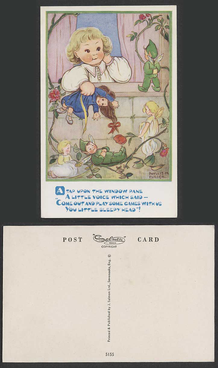 Phyllis M Purser Old Postcard Fairies Girl Come Out & Play Games You Sleepy Head