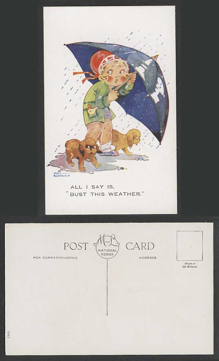 Agnes Richardson Old Postcard All I Say is Bust This Weather Rain Girl Dog Puppy