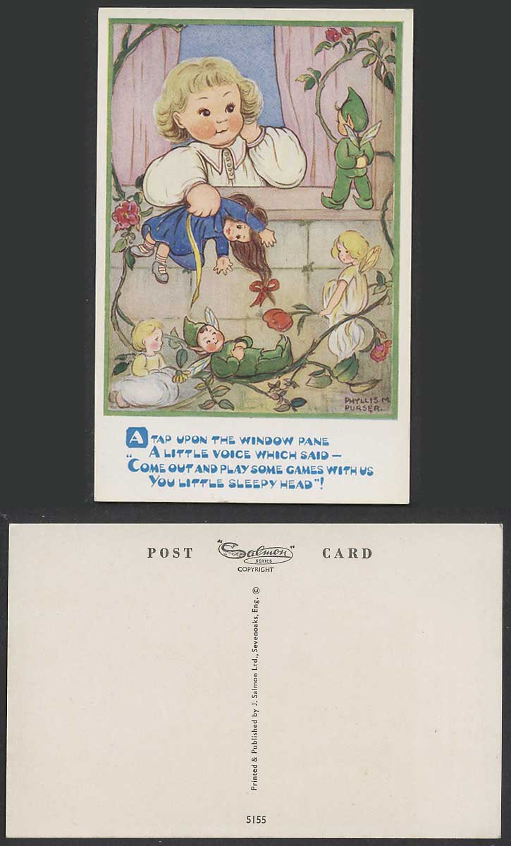 Phyllis M. Purser Old Postcard Fairies Come Out Play Games with us U Sleepy Head