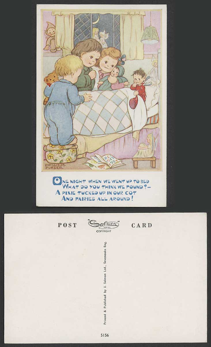 Phyllis M. Purser Old Postcard Fairy A Pixie Tucked Up in Cot Fairies All Around