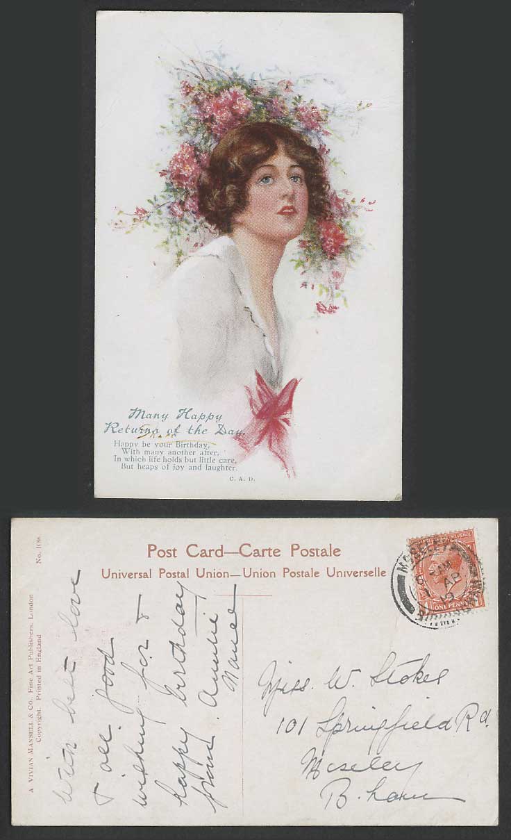 Artist Signed 1919 Old Postcard Glamour Lady Woman, Many Happy Returns, Birthday