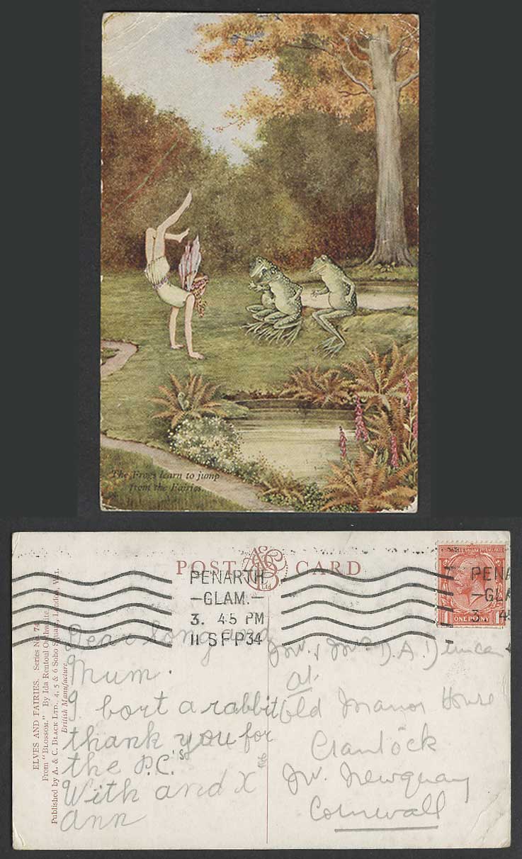 I R OUTHWAITE 1934 Old Postcard The Frogs Learn To Jump Fairies Blossom Elves 74