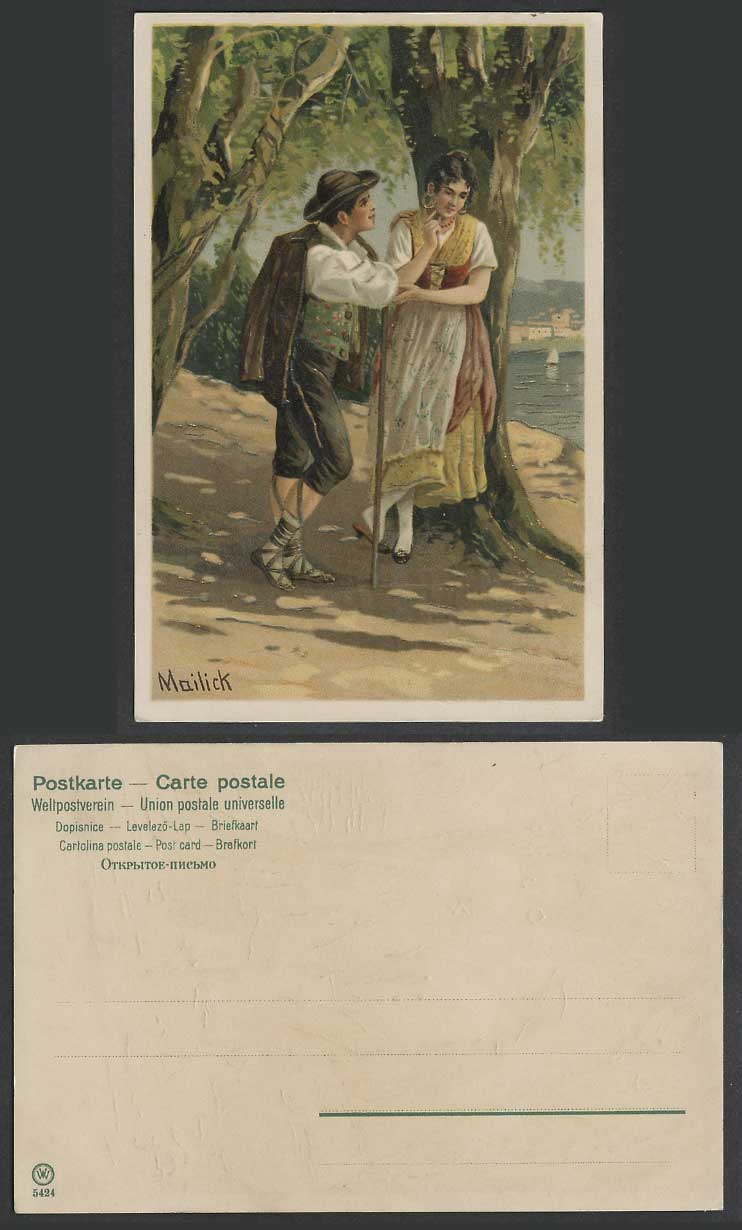 Mailick Artist Signed, Romance Man Woman Courting by Trees Costumes Old Postcard