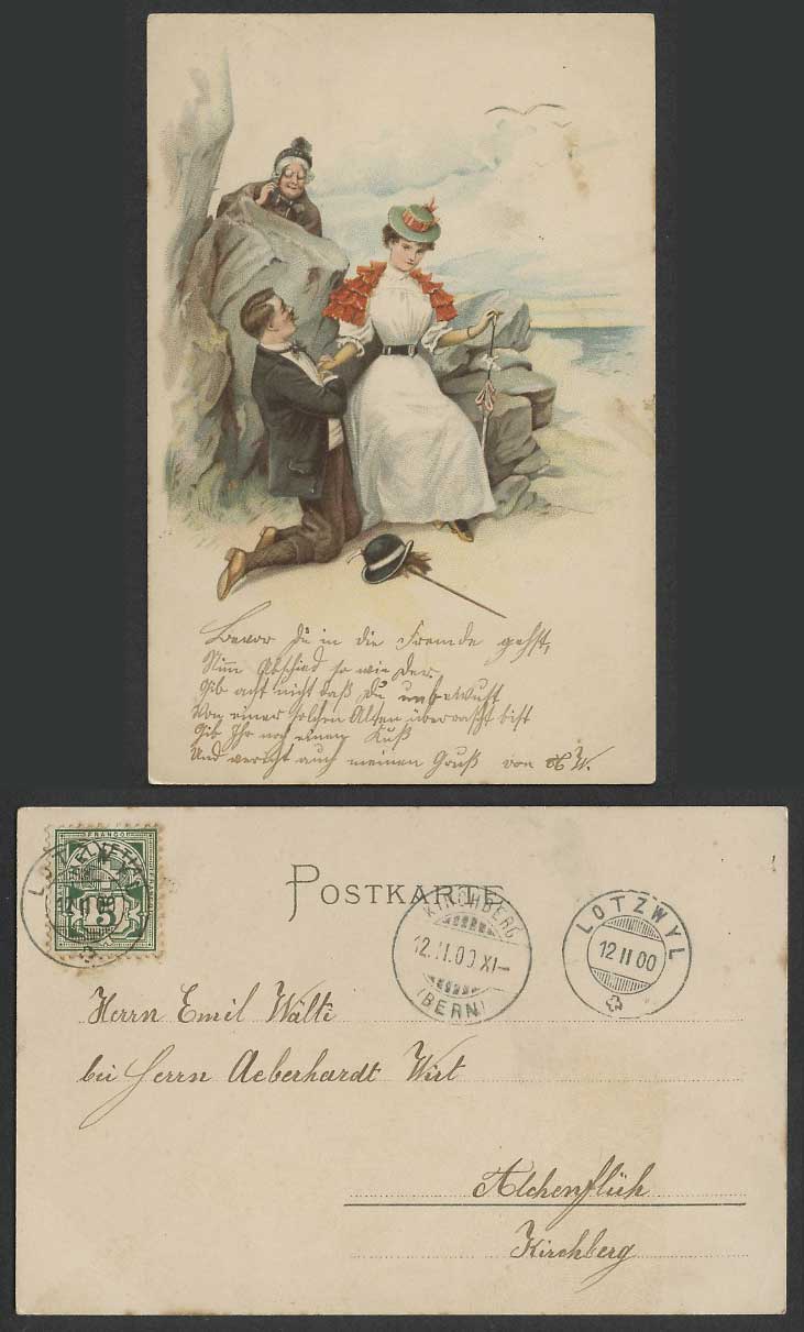 Switzerland Swiss 5c 1900 Vintage UB Postcard Man Glamour Lady Old Woman Seaside