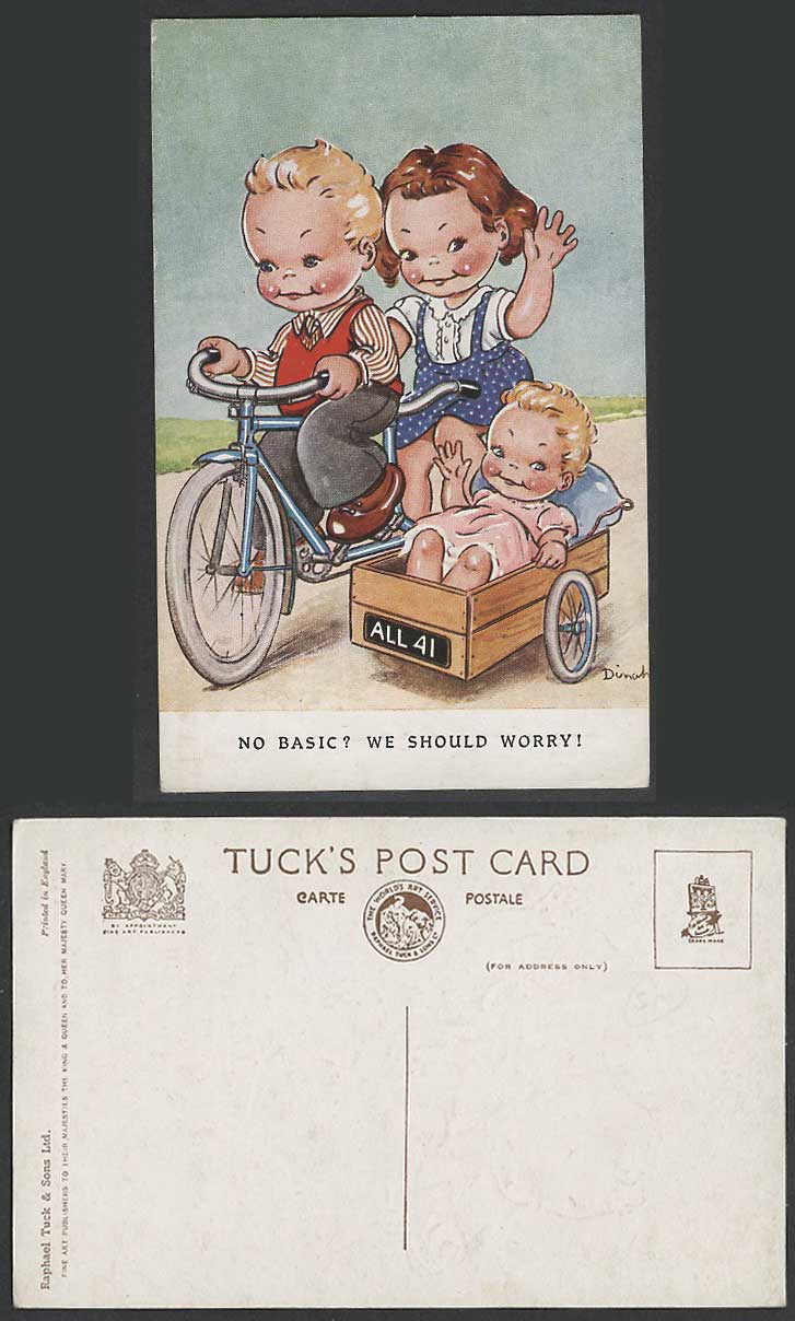 DINAH Old Postcard No Basic? We Should Worry! Tandem Bicycle, Sidecar, Baby Girl