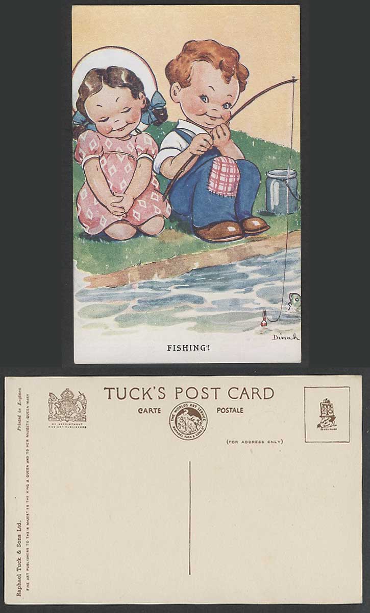 DINAH Old Tuck's Postcard Children Girl and Boy Angler Angling Fishing Rod, Fish