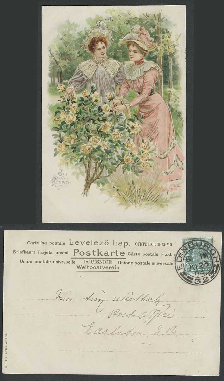 Jm Freien 1904 Old UB Postcard Glamour Ladies Glamorous Women Yellow Rose Flower