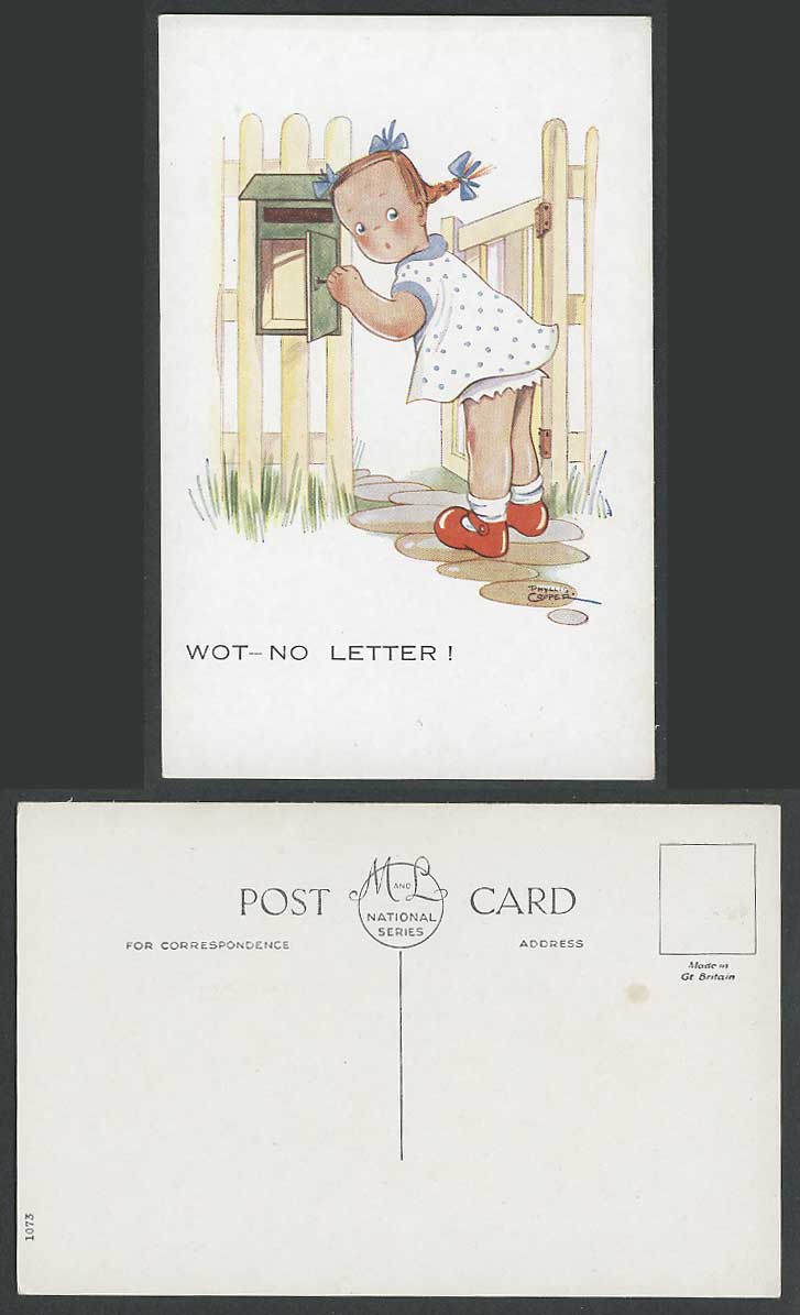 Phyllis Cooper Artist Signed Old Postcard Wot No Letter! Little Girl & Letterbox