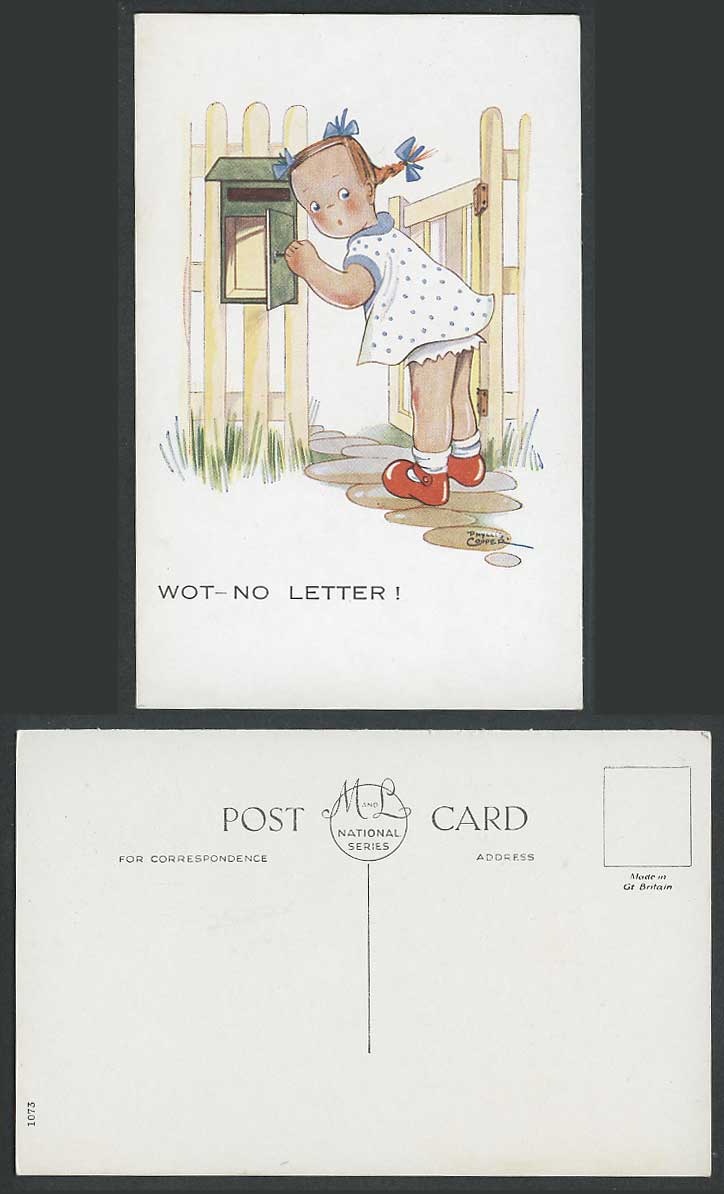 Phyllis Cooper Artist Signed Old Postcard Wot No Letter! Girl Checking Letterbox